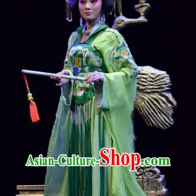 Chinese Jin Opera Imperial Consort Garment Costumes and Headdress Madam Ruyi Traditional Shanxi Opera Hua Tan Green Dress Diva Wu Meiniang Apparels