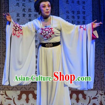 Chinese Jin Opera Noble Queen Garment Costumes and Headdress Madam Ruyi Traditional Shanxi Opera Court Lady White Dress Empress Apparels
