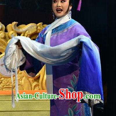 Chinese Jin Opera Court Maid Garment Costumes and Headdress Xiaozhuang Changge Traditional Shanxi Opera Qing Dynasty Palace Lady Purple Dress Apparels