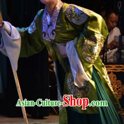 Chinese Jin Opera Pantaloon Garment Costumes and Headdress Han Yang Court Traditional Shanxi Opera Elderly Female Green Dress Noble Dame Apparels