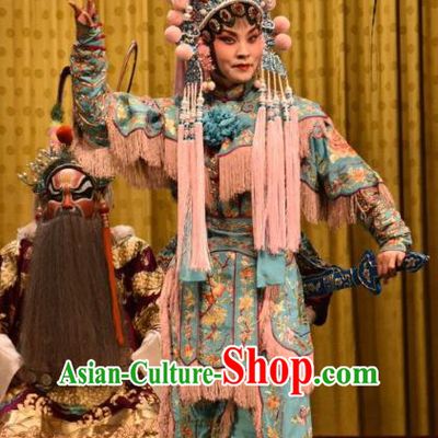 Chinese Jin Opera Female Warrior Blue Garment Costumes and Headdress Jin Sha Tan Traditional Shanxi Opera Wudan Dress Martial Woman Apparels