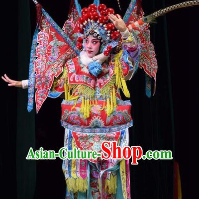Chinese Jin Opera Female General Mu Guiying Garment Costumes and Headdress San Guan Dian Shuai Traditional Shanxi Opera Tao Ma Tan Dress Red Kao Apparels with Flags