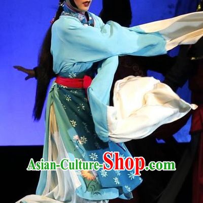 Chinese Jin Opera Country Woman Garment Costumes and Headdress Lan Ke Mountain Traditional Shanxi Opera Hua Tan Dress Young Female Apparels