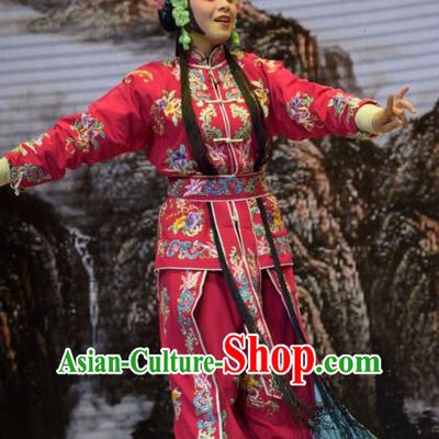 Chinese Jin Opera Female Swordsman Garment Costumes and Headdress San Guan Dian Shuai Traditional Shanxi Opera Dress Martial Woman Rosy Apparels