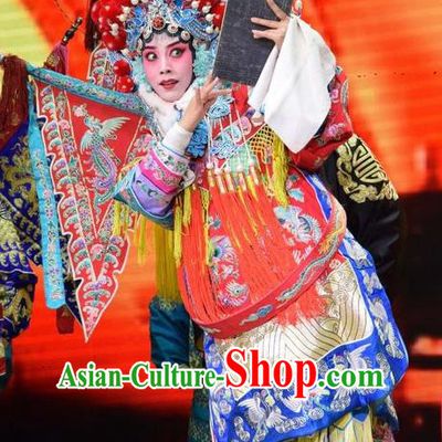 Chinese Jin Opera Blues Mu Guiying Garment Costumes and Headdress San Guan Dian Shuai Traditional Shanxi Opera Tao Ma Tan Dress Female General Apparels with Flags