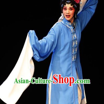 Chinese Jin Opera Diva Garment Costumes and Headdress Lan Ke Mountain Traditional Shanxi Opera Country Woman Dress Young Female Apparels