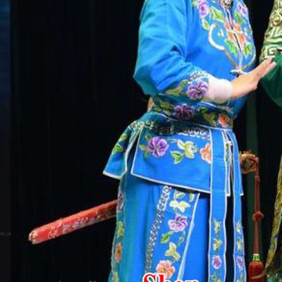 Chinese Jin Opera Female Swordsman Garment Costumes and Headdress Xia He Dong Traditional Shanxi Opera Young Beauty Apparels Wudan Huyan Xiuying Blue Dress