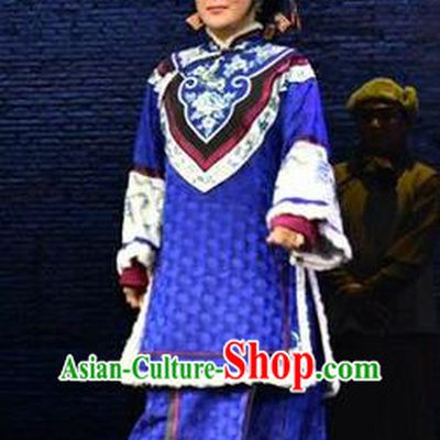 Chinese Jin Opera Diaforce Garment Costumes and Headdress Wang Jia Da Yuan Traditional Shanxi Opera Rich Woman Dress Dame Blue Apparels