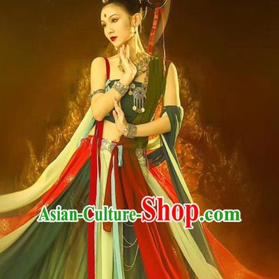 Chinese Traditional Tang Dynasty Court Lady Historical Costumes Ancient Dunhuang Flying Apsaras Dance Hanfu Dress Apparels and Headdress Complete Set