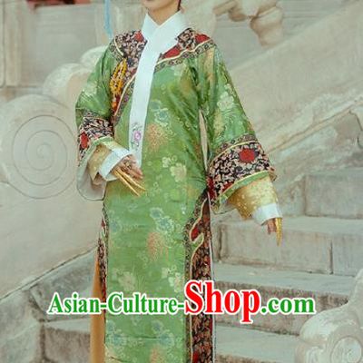 Chinese Traditional Drama Green Hanfu Dress Ancient Apparels Qing Dynasty Imperial Consort Historical Costumes and Headdress Complete Set for Women