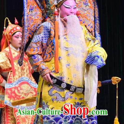 Xia He Dong Chinese Shanxi Opera Emperor Zhao Kuangyin Apparels Costumes and Headpieces Traditional Jin Opera Marshal Garment Elderly Male Armor Clothing with Flags