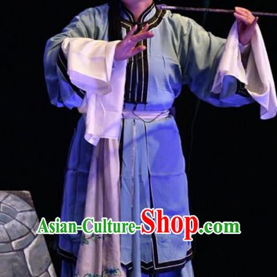 Chinese Jin Opera Distress Woman Garment Costumes and Headdress Bai Tu Ji Traditional Shanxi Opera Diva Li Sanniang Apparels Young Female Blue Dress
