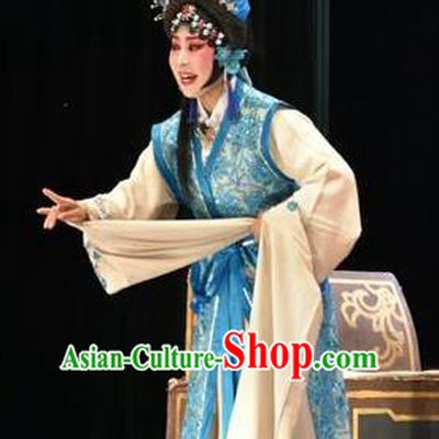 Chinese Jin Opera Distress Maiden Garment Costumes and Headdress Tears in Suzhou Traditional Shanxi Opera Diva Wang Lianjuan Apparels Actress Blue Dress