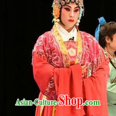 Chinese Jin Opera Young Mistress Garment Costumes and Headdress Tears in Suzhou Traditional Shanxi Opera Madam Jiang Suqin Apparels Actress Red Dress