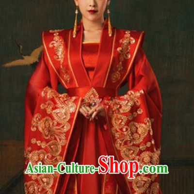 Chinese Ancient Imperial Empress Red Hanfu Dress Apparels Traditional Tang Dynasty Royal Queen Historical Costumes and Headdress for Women