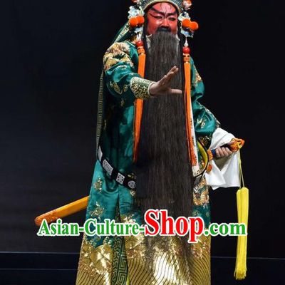 Guan Gong Chinese Shanxi Opera Military Official Guan Yu Apparels Costumes and Headpieces Traditional Jin Opera General Garment Painted Role Clothing