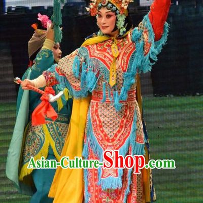Chinese Jin Opera Martial Female Garment Costumes and Headdress Big Feet Empress Traditional Shanxi Opera Woman Soldier Ma Xiuying Apparels Armor Dress