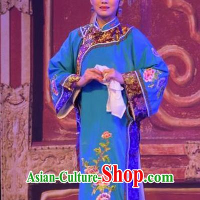 Chinese Jin Opera Qing Dynasty Woman Garment Costumes and Headdress Da Hu Ji Traditional Shanxi Opera Young Female Apparels Blue Dress
