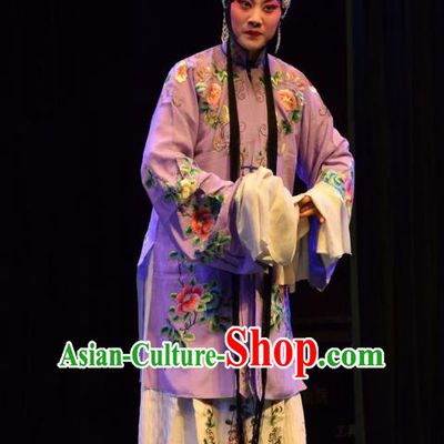Chinese Jin Opera Actress Garment Costumes and Headdress Shou Jiang Wei Traditional Shanxi Opera Hua Tan Apparels Young Mistress Purple Dress