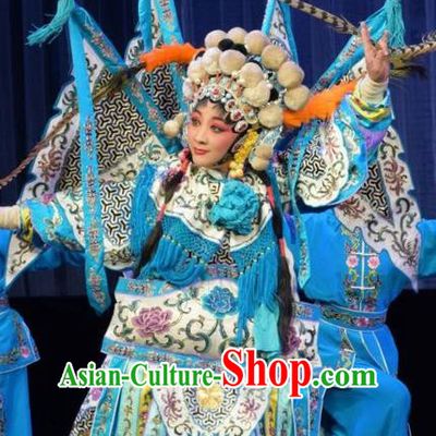 Chinese Jin Opera Martial Female Garment Costumes and Headdress Mu Guiying Command Traditional Shanxi Opera Blues Apparels Tao Ma Tan Yang Jinhua Dress with Flags