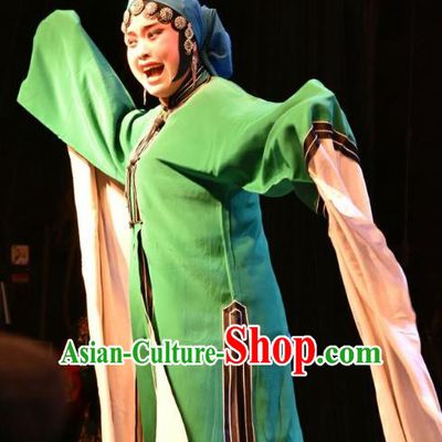Chinese Jin Opera Young Mistress Garment Costumes and Headdress Shi Zi Jing Feng Traditional Shanxi Opera Hua Tan Apparels Actress Green Dress