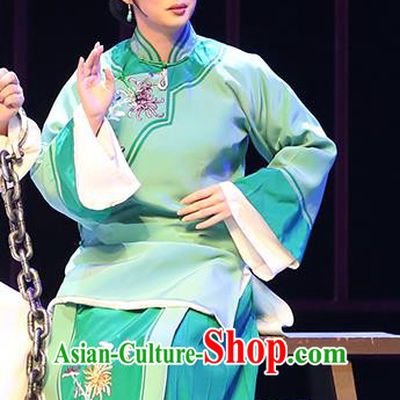 Chinese Shandong Opera Actress Garment Costumes and Headdress You Bai Chuan Traditional Lu Opera Young Female Apparels Madam Green Dress