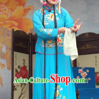 Chinese Henan Opera Young Female Gao Qiufang Garment Costumes and Headdress Feng Xue Pei Traditional Qu Opera Rich Lady Apparels Actress Blue Dress