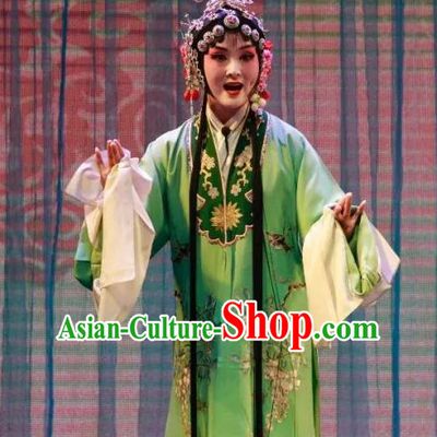 Chinese Shandong Opera Diva Liang Saijin Garment Costumes and Headdress Long Feng Mian Traditional Lu Opera Hua Tan Apparels Young Beauty Green Dress