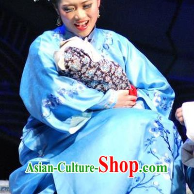 Chinese Beijing Opera Young Female Garment Costumes and Headdress Under the Red Banner Traditional Qu Opera Actress Apparels Hua Tan Blue Dress