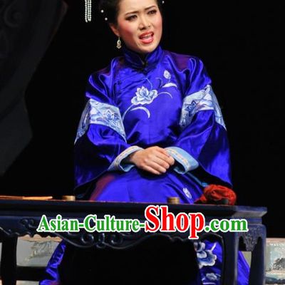 Chinese Beijing Opera Qing Dynasty Woman Garment Costumes and Headdress Under the Red Banner Traditional Qu Opera Young Mistress Apparels Blue Dress