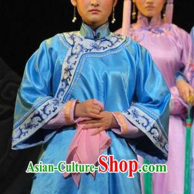 Chinese Beijing Opera Qing Dynasty Garment Costumes and Headdress Under the Red Banner Traditional Qu Opera Actress Apparels Young Female Blue Dress