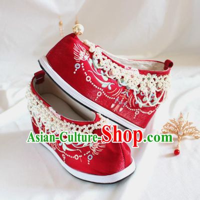 Chinese Traditional Wedding Embroidered Platform Shoes Red Cloth Shoes Hanfu Shoes Ancient Bride Pearls Shoes for Women