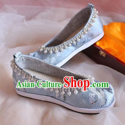 Chinese Handmade Light Blue Satin Shoes Traditional Pearls Hanfu Shoes Women Embroidered Shoes Ancient Princess Wedding Shoes