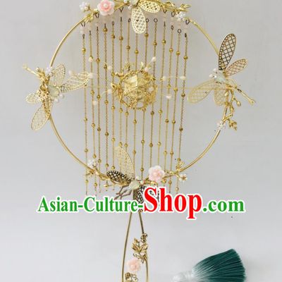 Chinese Handmade Bride Prop Traditional Golden Dragonfly Hanfu Fan Ancient Wedding Round Fan Tassel Palace Fan