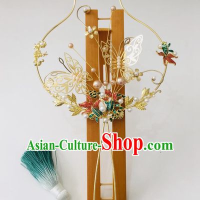 Chinese Ancient Wedding Round Fan Cloisonne Palace Fan Handmade Bride Prop Traditional Golden Butterfly Hanfu Fan