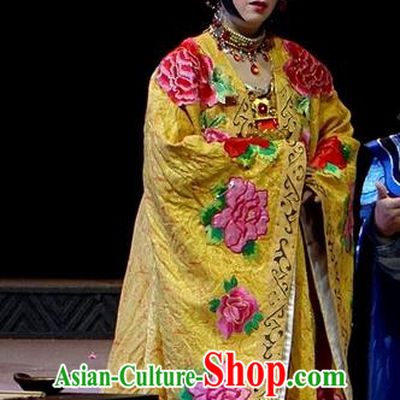 Chinese Han Opera Noble Female Garment Costumes and Headdress You Meng Yi Guan Traditional Hubei Hanchu Opera Hua Tan Apparels Empress Fan Dress