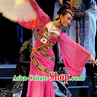 Chinese Han Opera Actress Garment Costumes and Headdress You Meng Yi Guan Traditional Hubei Hanchu Opera Hua Tan Apparels Dance Lady Rosy Dress
