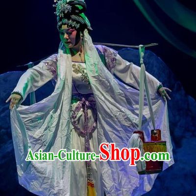 Chinese Han Opera Diva Li Guilian Garment Yin Yang River Costumes and Headdress Traditional Hubei Hanchu Opera Young Female Apparels Distress Woman Dress