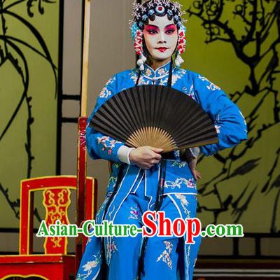 Chinese Han Opera Diva Sun Erniang Garment Wu Song Da Dian Costumes and Headdress Traditional Hubei Hanchu Opera Young Woman Apparels Actress Blue Dress