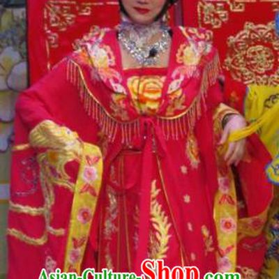 Chinese Cantonese Opera Concubine Yang Yuhuan Garment The Long Regret Costumes and Headdress Traditional Guangdong Opera Apparels Young Female Red Dress
