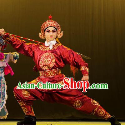 Hu Jia Zhuang Chinese Hubei Hanchu Opera Martial Male Apparels Costumes and Headpieces Traditional Han Opera Swordsman Garment Wusheng Hua Rong Clothing