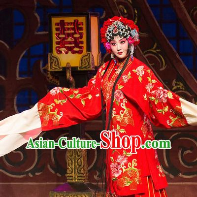 Chinese Han Opera Bride Garment Yu Zhou Feng Zhao Yanrong Costumes and Headdress Traditional Hubei Hanchu Opera Hua Tan Apparels Actress Red Dress