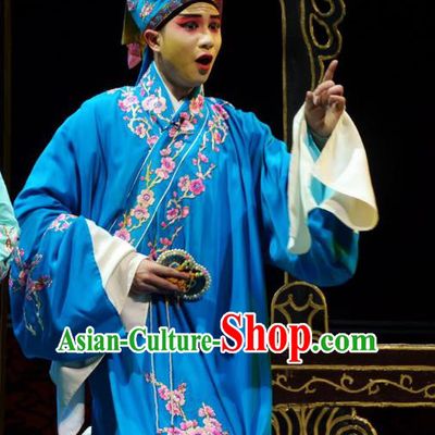 Hua Deng An Chinese Hubei Hanchu Opera Niche Apparels Costumes and Headpieces Traditional Han Opera Xiaosheng Garment Scholar Wang Daru Blue Robe Clothing