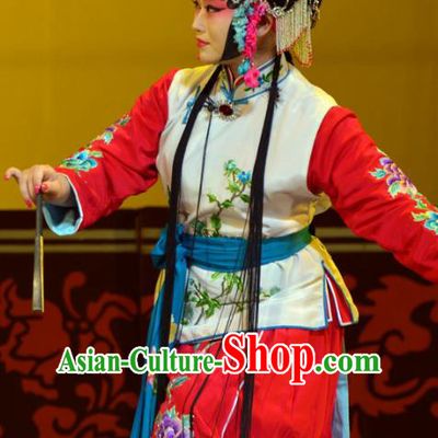 Chinese Han Opera Xiaodan Garment Hua Tian Ba Cuo Costumes and Headdress Traditional Hubei Hanchu Opera Maid Lady Apparels Servant Girl Chun Lan Dress