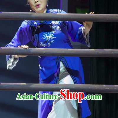 Chinese Han Opera Female Garment Shi Niang Costumes and Headdress Traditional Hubei Hanchu Opera Young Woman Apparels Blue Dress