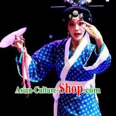 Chinese Han Opera Country Female Garment Butterfly Dream Costumes and Headdress Traditional Hubei Hanchu Opera Young Mistress Apparels Actress Blue Dress