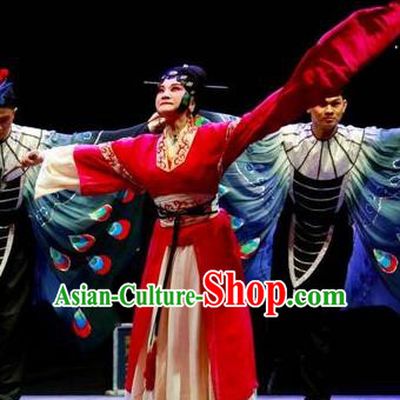 Chinese Han Opera Diva Garment Butterfly Dream Costumes and Headdress Traditional Hubei Hanchu Opera Young Woman Apparels Actress Red Dress