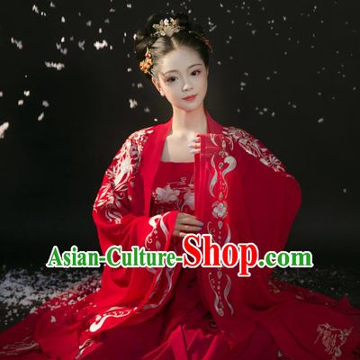 Chinese Ancient Royal Princess Red Dress Traditional Wedding Hanfu Apparels Tang Dynasty Historical Costumes and Headdress Complete Set
