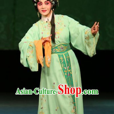 Chinese Cantonese Opera Xiaodan Garment The Fairy Tale of White Snake Xiao Qing Costumes and Headdress Traditional Guangdong Opera Young Lady Apparels Green Dress