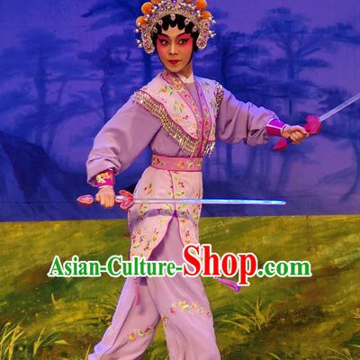Chinese Cantonese Opera Wudan Garment Costumes and Headdress Traditional Guangdong Opera Swordswoman Apparels Martial Female Purple Dress